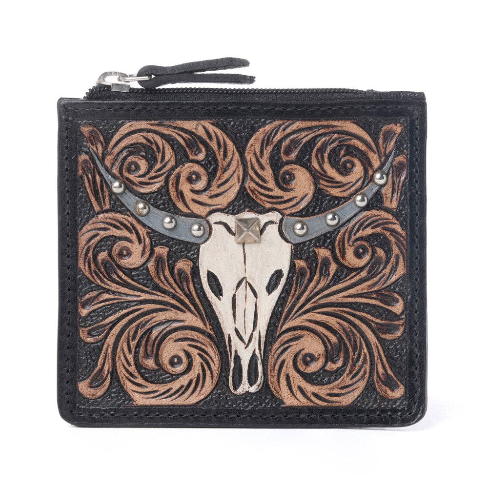 Myra Briar Creek Handtooled Leather Credit Card Holder in Ebony Carame