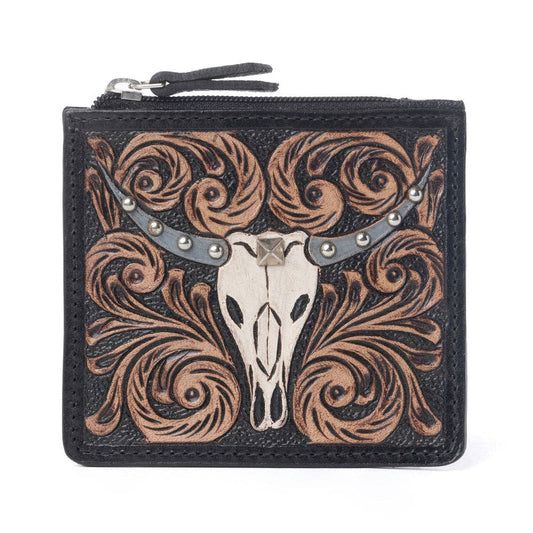 Myra Briar Creek Handtooled Leather Credit Card Holder in Ebony Carame