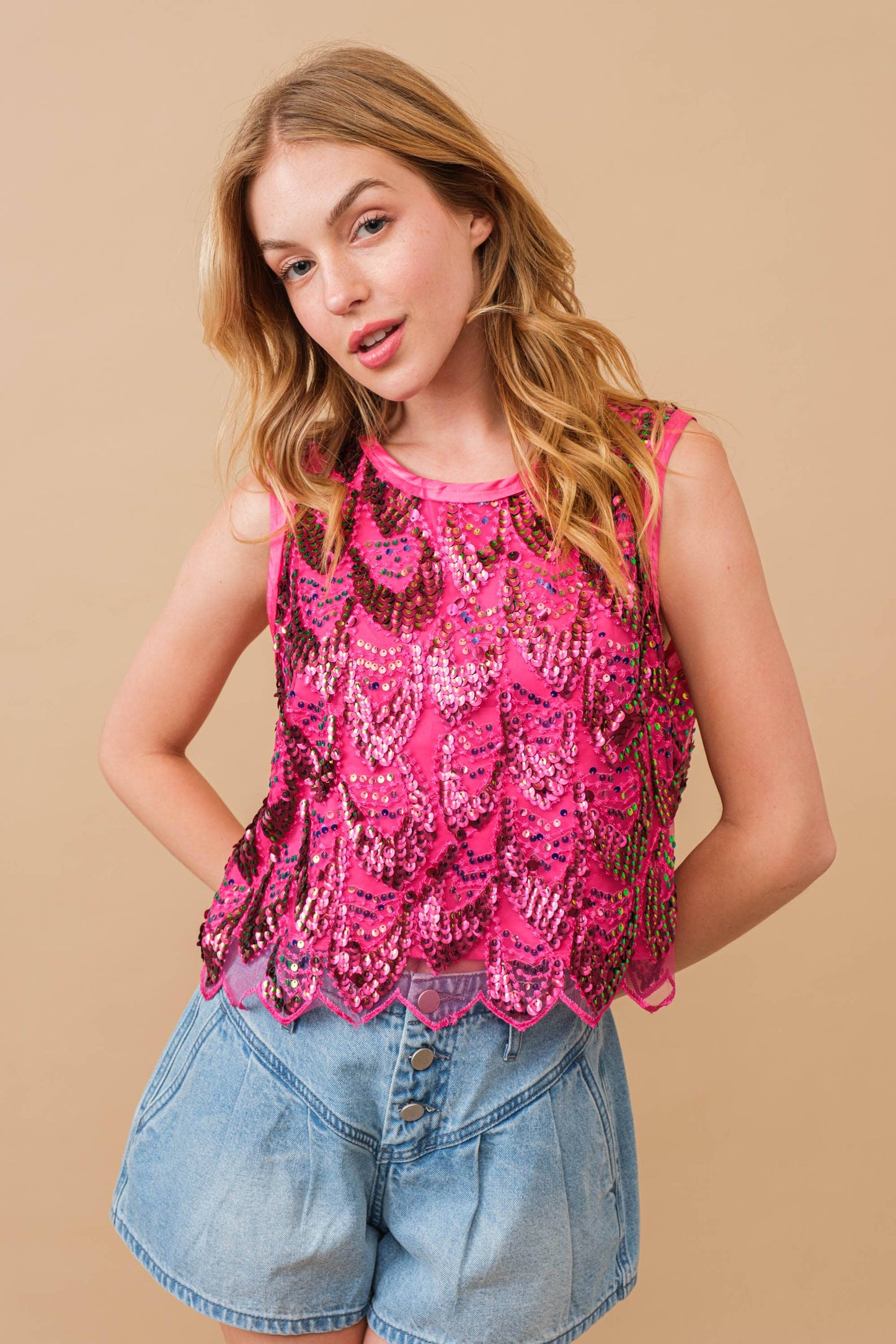 Blue B 34313T - Embellished Sequin Scallop Crop Top in Hot Pink
