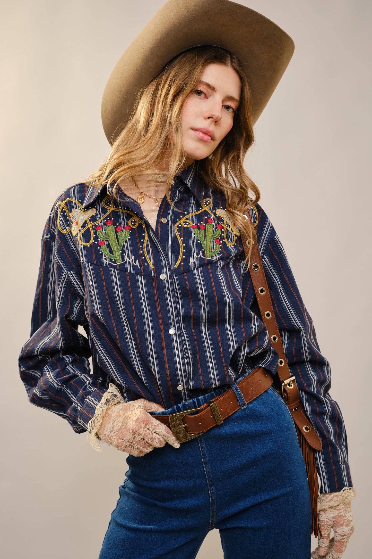 Blue B 36989T Embroidered Western Yoke Striped Shirt in Navy