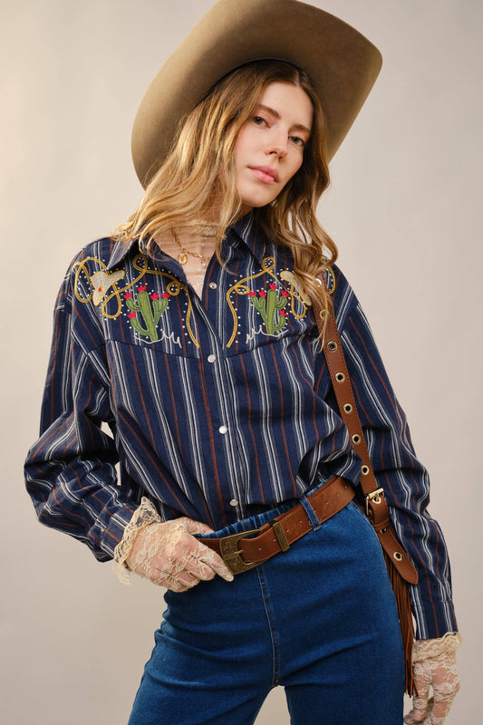 Blue B 36989T Embroidered Western Yoke Striped Shirt in Navy