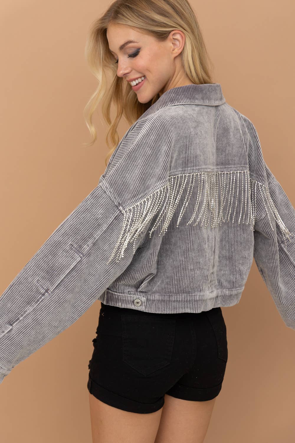 Blue B 17550J - Washed Corduroy Oversized Rhinestone Fringe Jacket in Grey