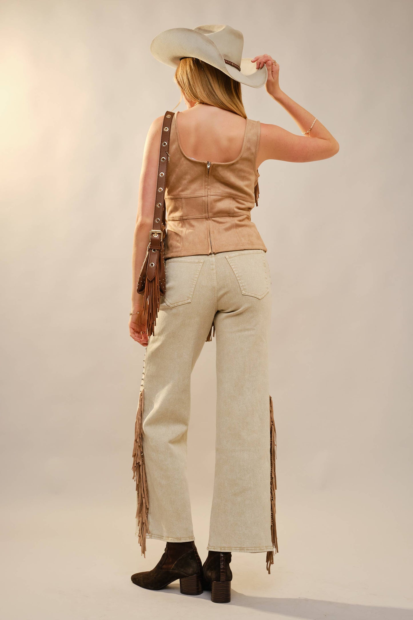 Blue 37184T - Fringe Stud Faux Suede Tank in Sand