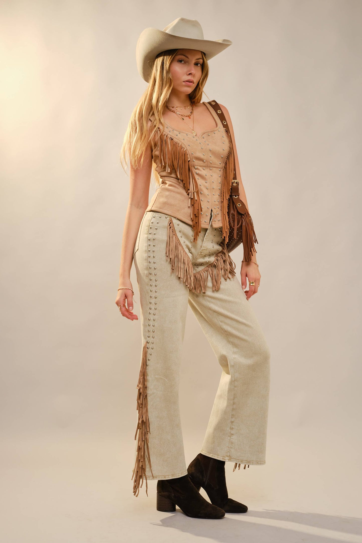 Blue 37184T - Fringe Stud Faux Suede Tank in Sand