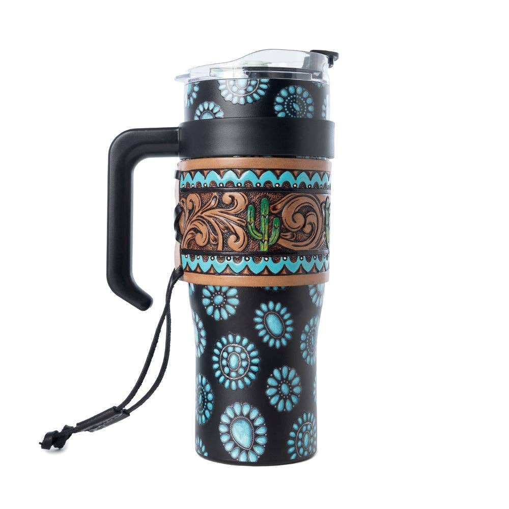 Myra S-14767 Concho Crest Western Tooled Tumbler in Black Stainless Steel with Leather Wrap and Handle: WITH TOOLING