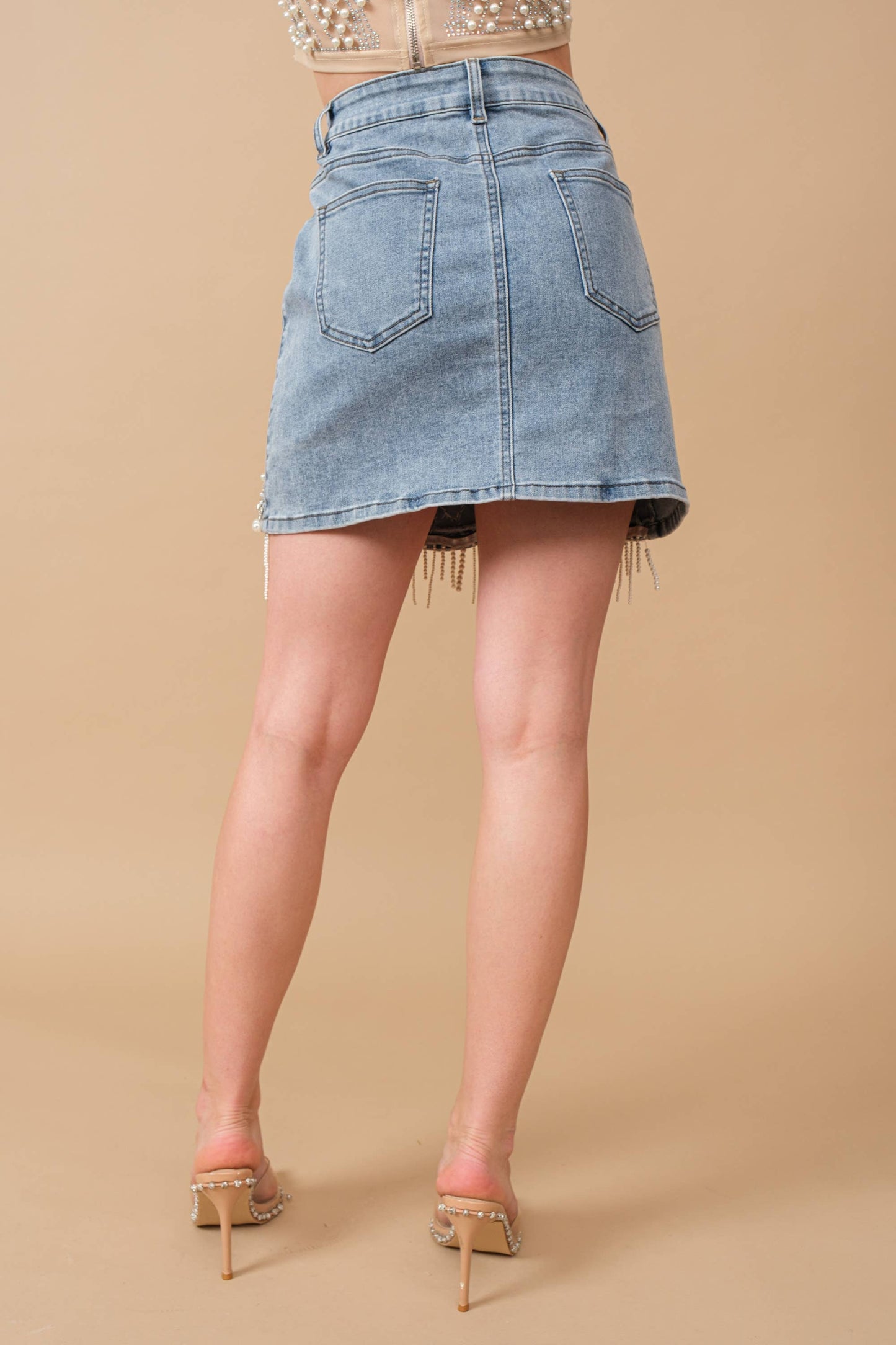 Blue B 80038S - Stretch Denim Embellished Pearl Fringe Mini Skirt medium wash