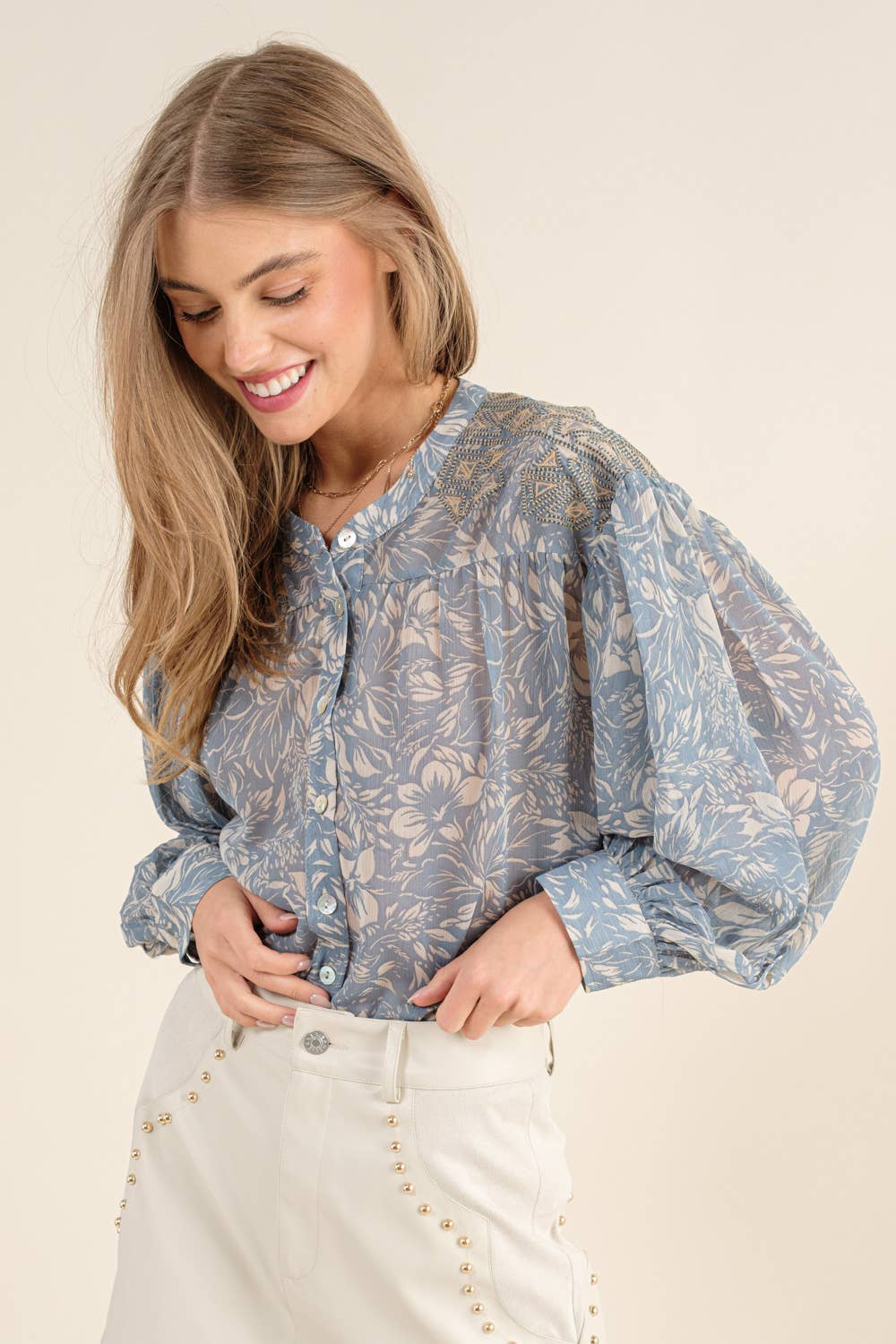 32903T - Chiffon Floral Embroidered Shoulder Blouse in Blue