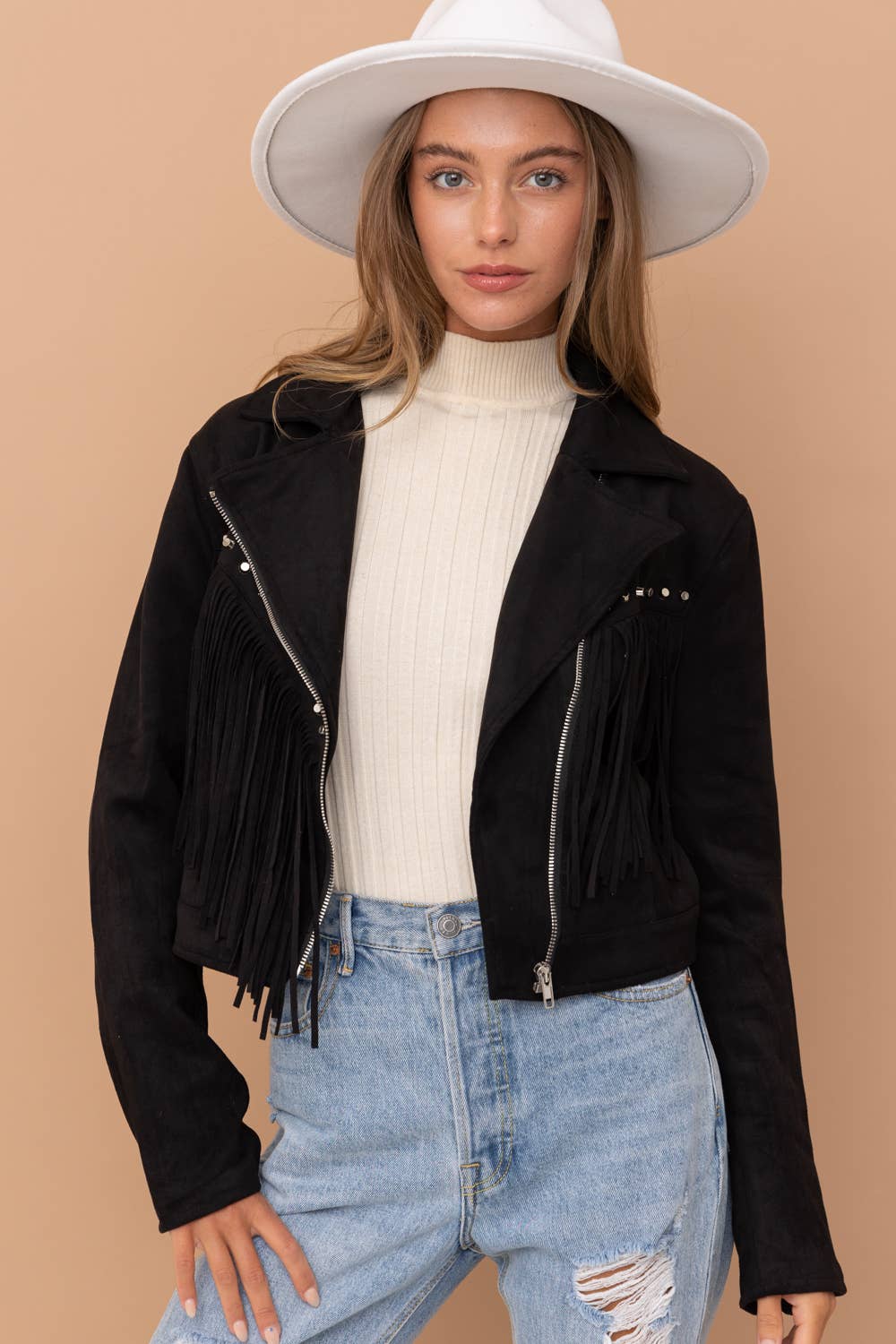 32266J - Suede Studded Fringe Moto Jacket: BLACK / M