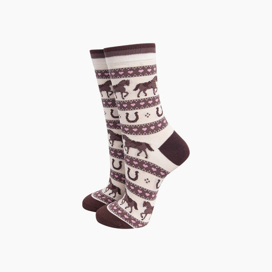 Sock Talk Horse & Horseshoe Stripe Women's Bamboo Socks in Cream