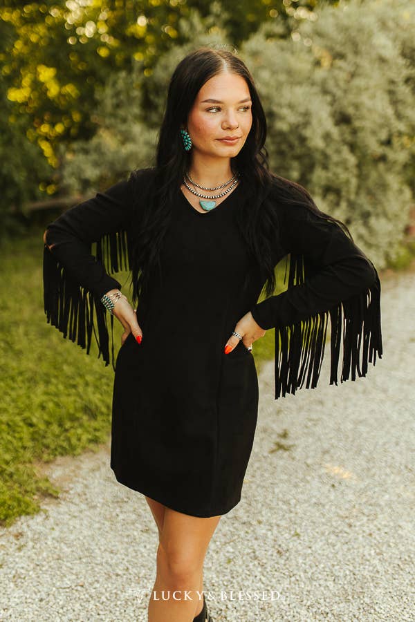 Lucky & Blessed DR120-BLK Black Suede Fringe Long Sleeve Dress
