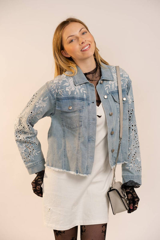 Blue B 23898J Floral Embroidered Denim Jacket in Light Wash