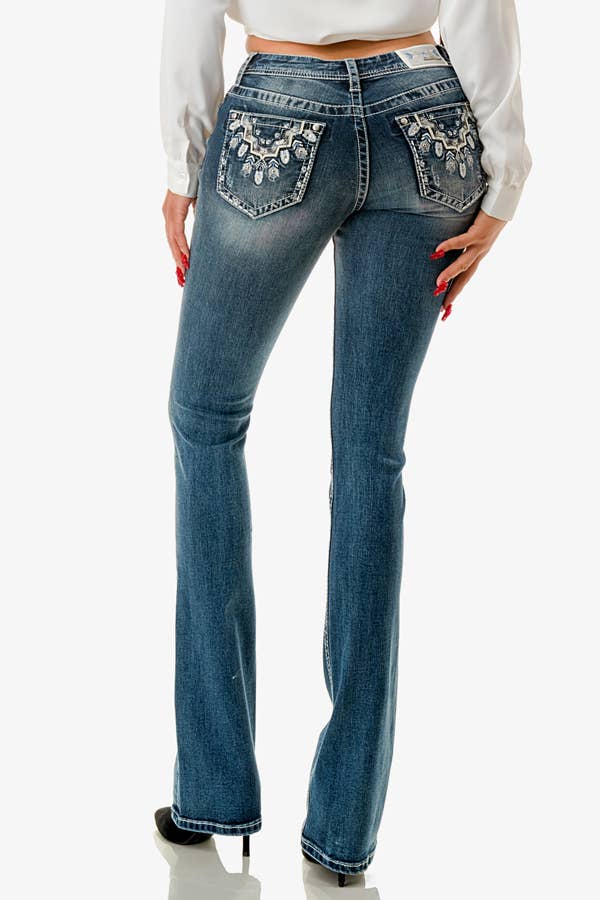 Grace In LA Aztec Motif Embroidery Mid-Rise Bootcut EB-51867