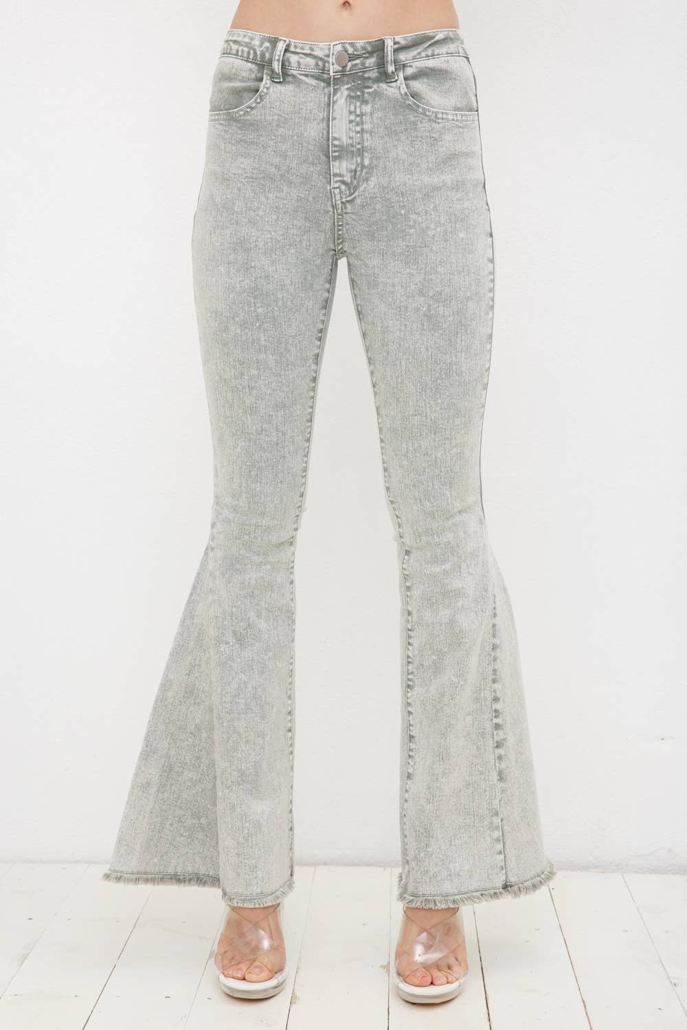 17347P - Garment Washed Vintage Distressed Bell Sleeve Denim: LIGHT OLIVE