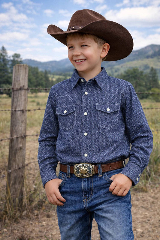 MontanaCo Boys Premium Cotton Western Snaps Long Sleeves Shirts with Stretch.BL-2602
