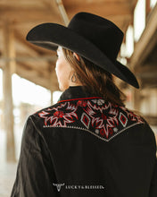 Load image into Gallery viewer, Lucky &amp; Blessed Black Aztec Embroidered Western Yoke Pearl Snap Top TO865-BLK
