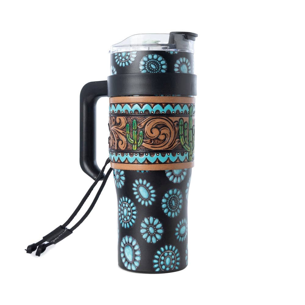 Myra S-14767 Concho Crest Western Tooled Tumbler in Black Stainless Steel with Leather Wrap and Handle: WITH TOOLING