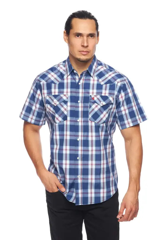 RODEO CLOTHING MEN'S PLAID SHORT SLEEVE SNAP PS400S-470 Blue