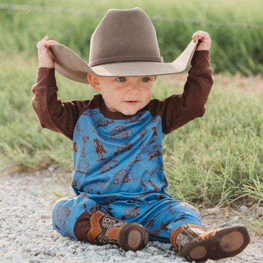Shea Baby Long Sleeve Boys Romper- Farm Print LSROM04