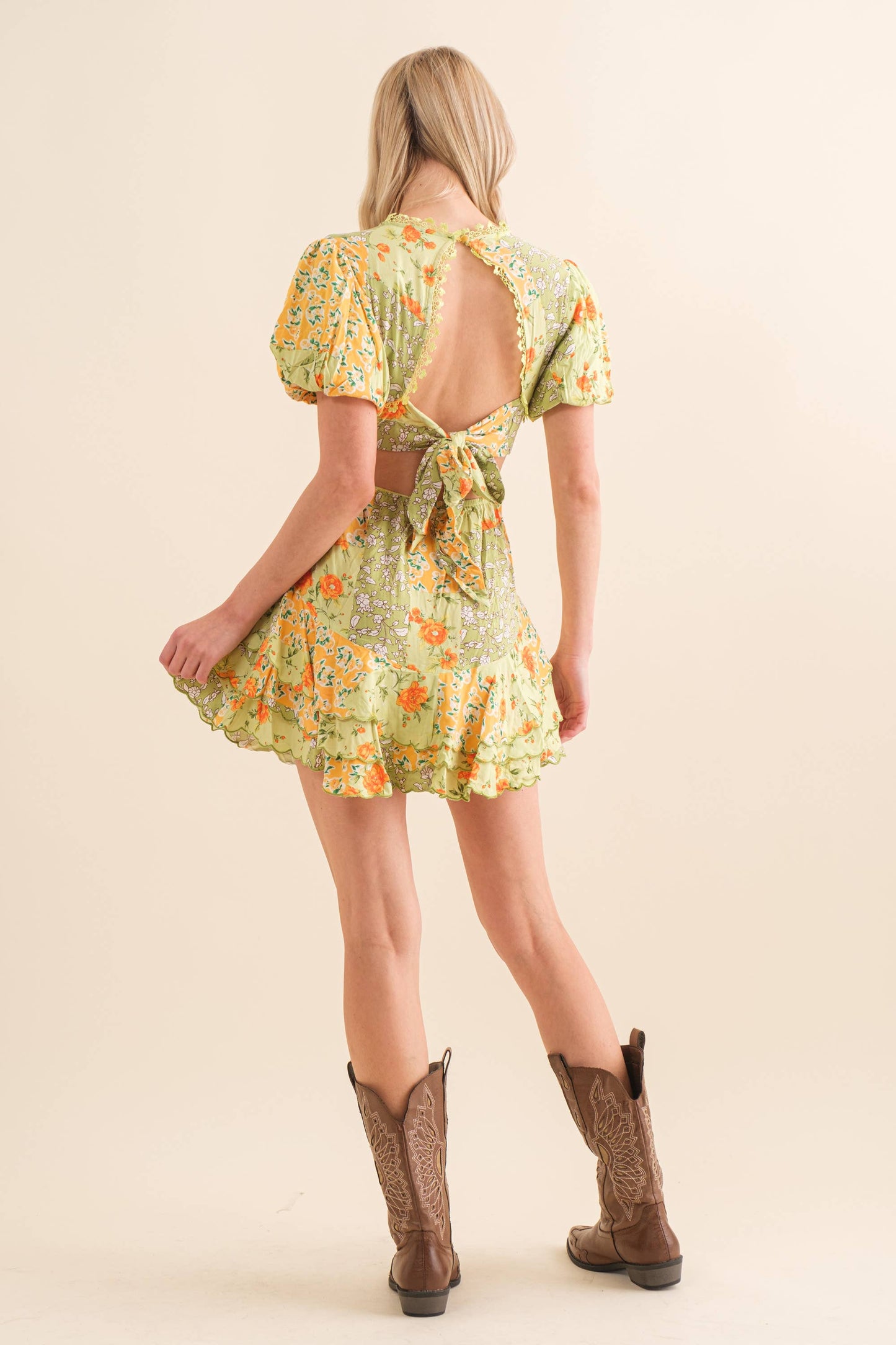 Blue B 32880D - Tiered Scallop Hem Mini Dress in Yellow/Green