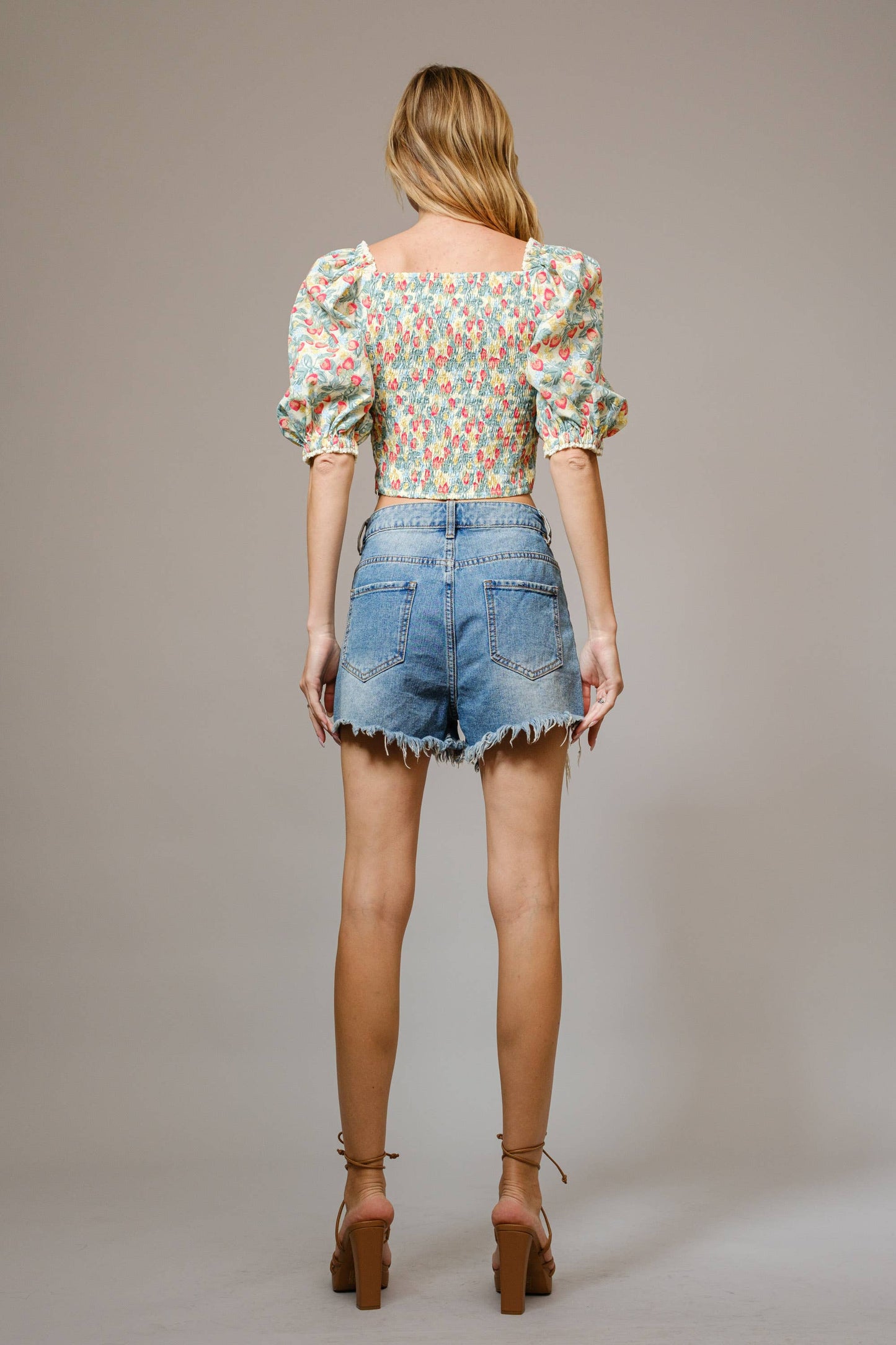 Blue B 99200T - Floral Lace Embroidered Puff Sleeve Top in Red/Green