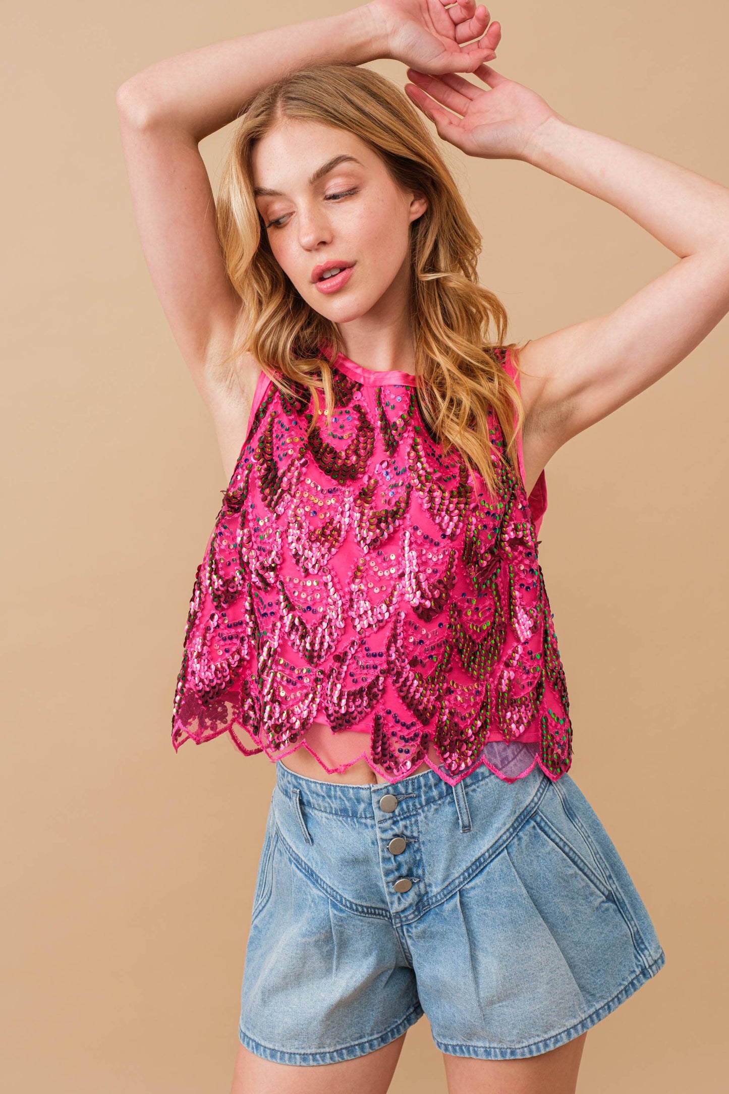 Blue B 34313T - Embellished Sequin Scallop Crop Top in Hot Pink