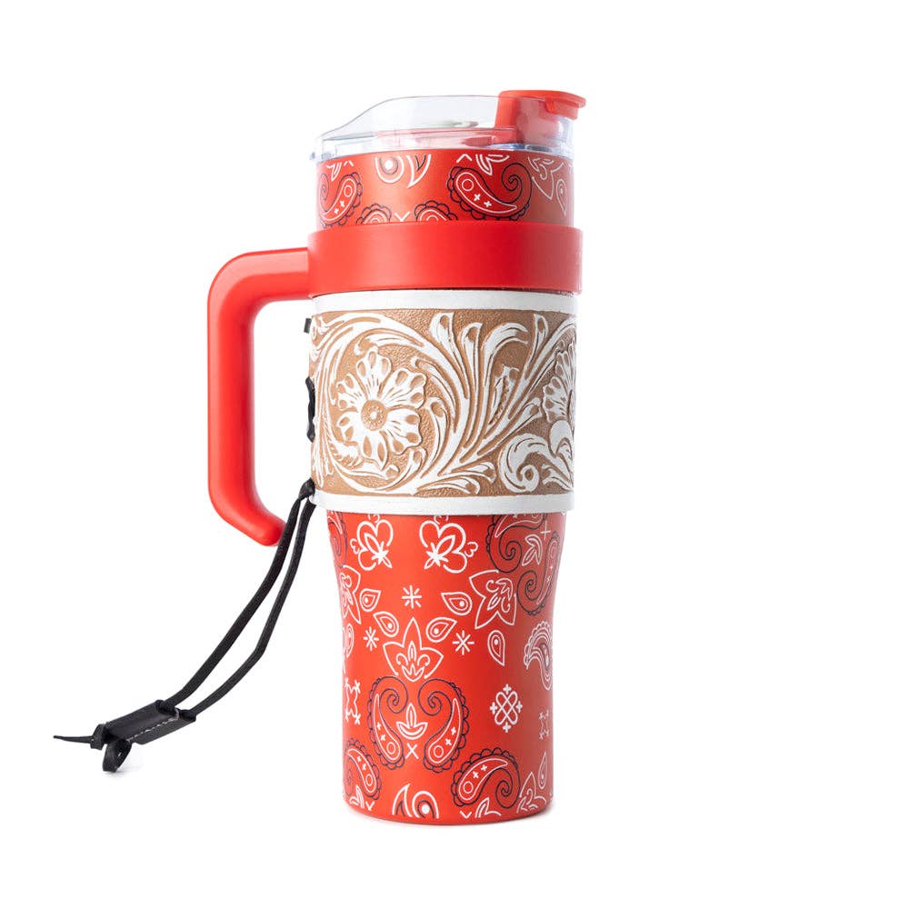 Myra Bandana Tooled Western Tumbler in Red Stainless Steel with Handtooled Leather and Handle for Use: WITH TOOLING