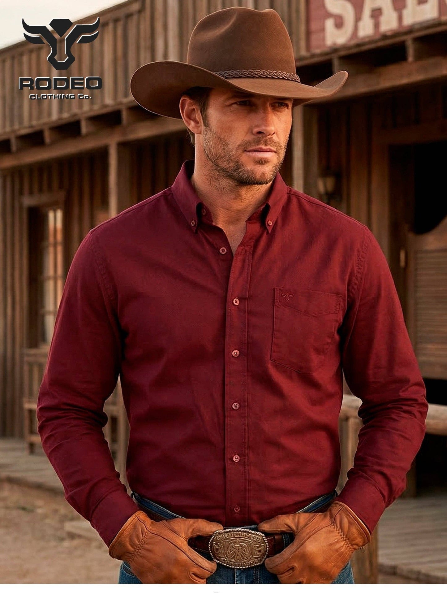 Rodeo Clothing AC110L-Burgundy Men’s Solid Western 100% Cotton Twill Button Down Shirt
