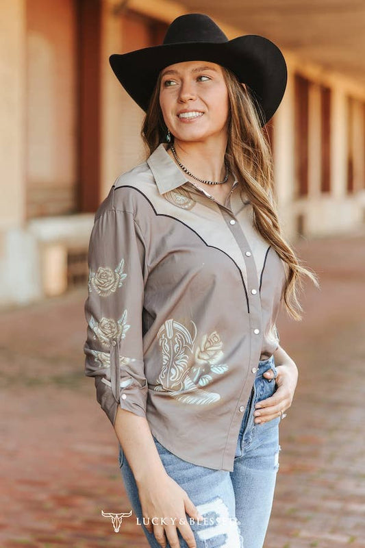 Lucky & Blessed Taupe Western Printed Pearl Snap Button Down Top TO876