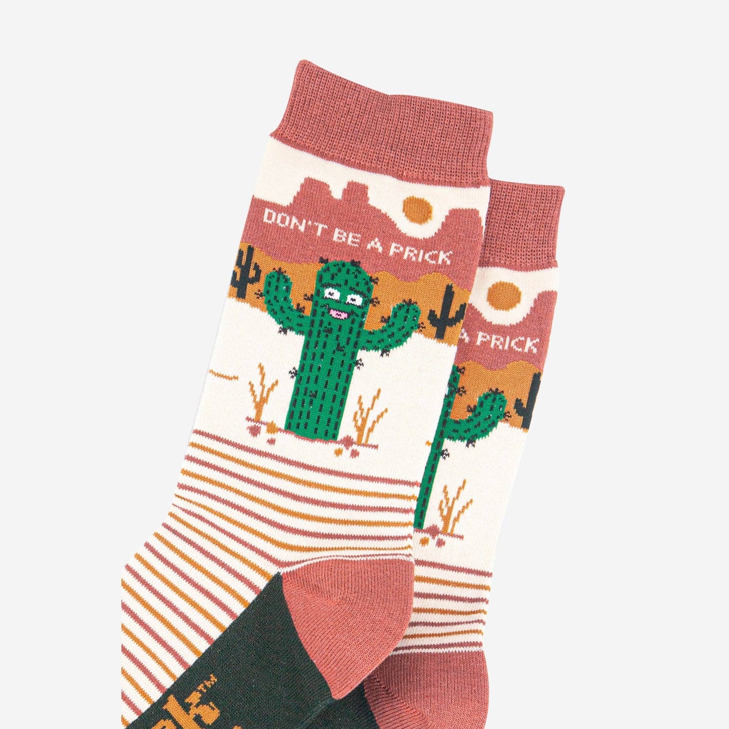 Sock Talk Men's Combed Cotton Crew Socks- Cream, Prickly Cactus