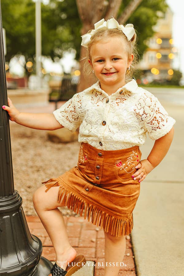 Girls Brown Suede Floral Western Fringe Skirt SK012-G-CML