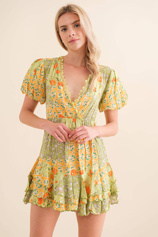 Blue B 32880D - Tiered Scallop Hem Mini Dress in Yellow/Green