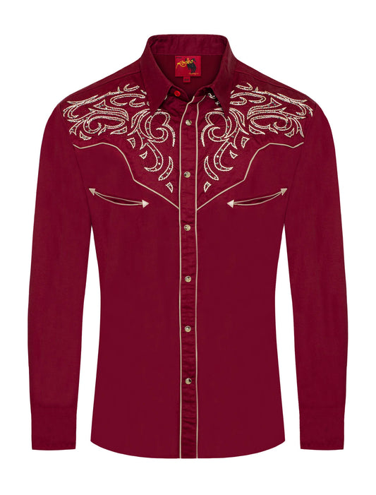 Men's Western Cowboy diamond studded Embroidery Shirt: PS500D-1003 in Burgundy