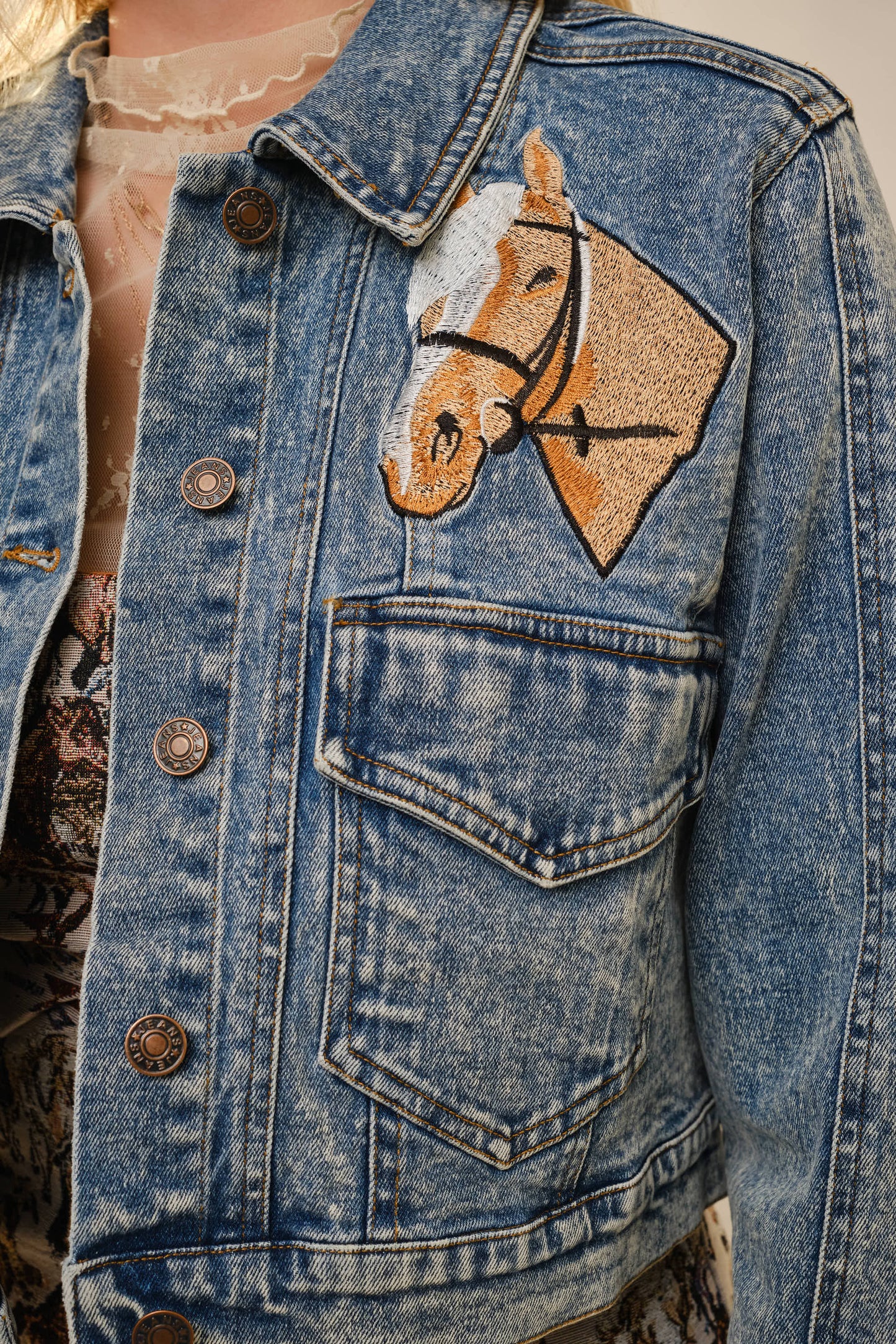 Blue B 23501J - Garment Washed Embroidered Denim Jacket: LIGHT WASH