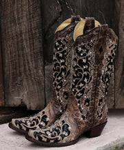 Load image into Gallery viewer, Corral A3569 Black Glitter Inlay Floral Overlay with Crystals and Studs Snip Toe Cowboy Boots
