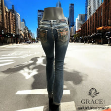 Load image into Gallery viewer, Grace Jeans Steer Head Colourful Embroidered Mid Rise Bootcut Jeans EB61891
