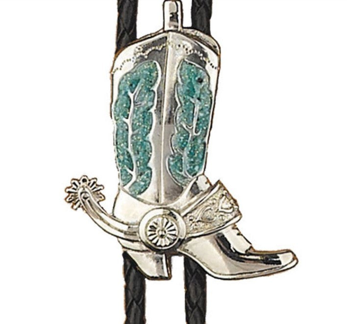 Bolo BT-8653 Made in the USA - Silver Boots Bolo Tie with Turquoise Enamel