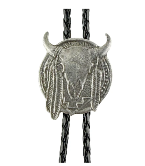 Western Express BT-BC40-P Bull Skull Feather Western Bolo Tie - Cast Pewter