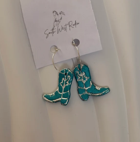 South West Rodeo Azalia Silver Plated Hoops Teal Cowboy Boot Handmade Earrings