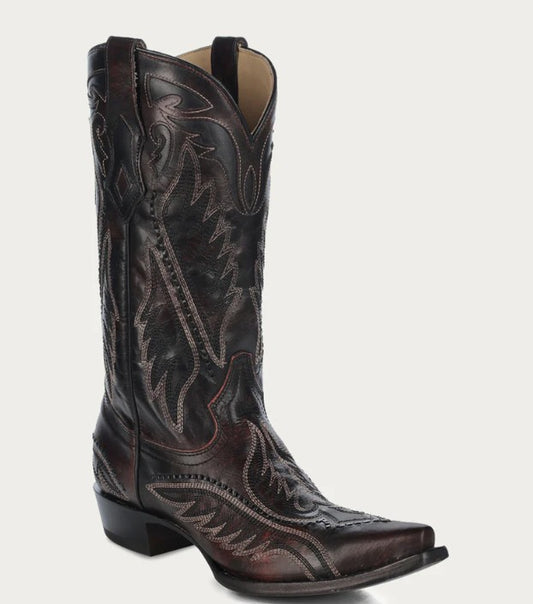 Corral C4150 Mens Woven Detail& Inlay with Brown Embroidery Snip Toe Cowboy Boots