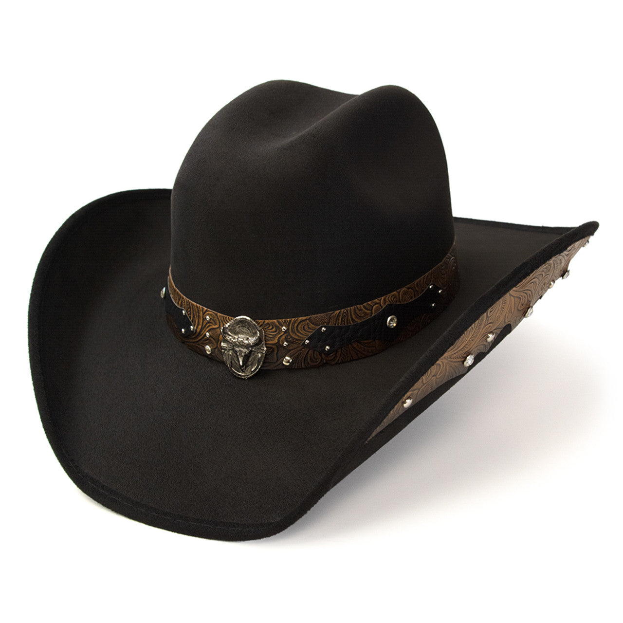 Western Express CL-94 Black Suede Finish Western Hat with Steer Skull on Hat Band & Leather Sides