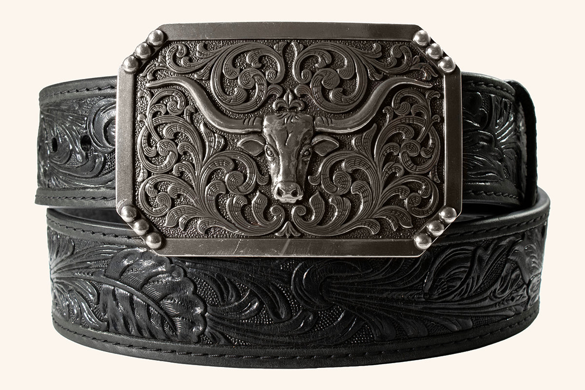 M&F 3D 1 1/2 Floral Embossed Long Horn Buckle Black D100012101