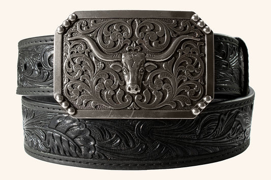 M&F 3D 1 1/2 Floral Embossed Long Horn Buckle Black D100012101