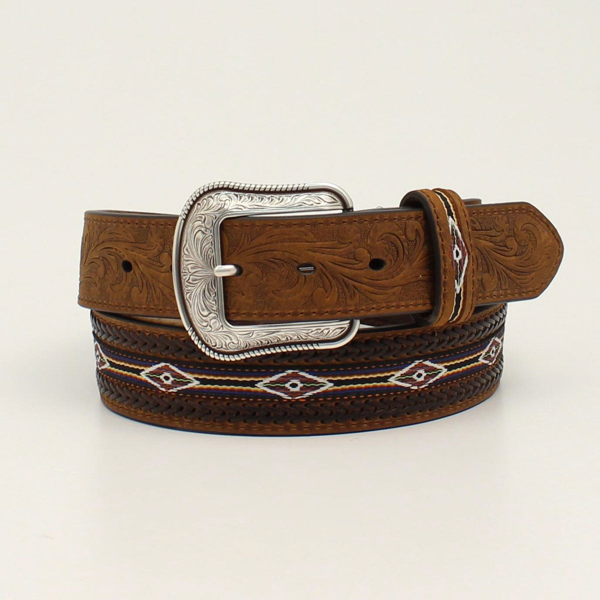 M&F 3D 1 1/2 Tooled Tabs Buck Stitch Weave Brown Western Belt D100012202