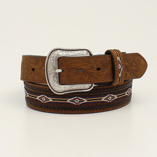 M&F 3D 1 1/2 Tooled Tabs Buck Stitch Weave Brown Western Belt D100012202