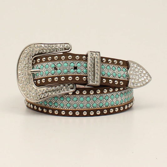 M&F Angel Ranch Belt 1 1/2 Turquoise Clear Stones Brown D140002102