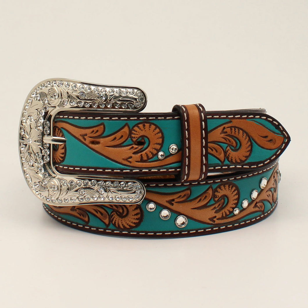 M&F Angel Ranch D140002708 Floral Tooled Turquoise & Tab Western Belt