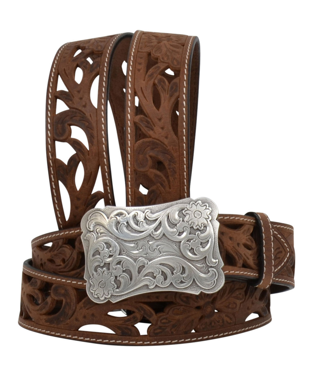 M&F Angel Ranch by 3D Filigree Cut-out Brown Leather Belt DA2072