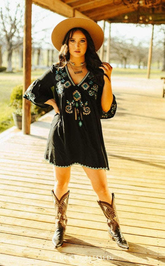 Black Turquoise Cream Aztec Embroidery Dress DR010 Wild Wild Western Wear