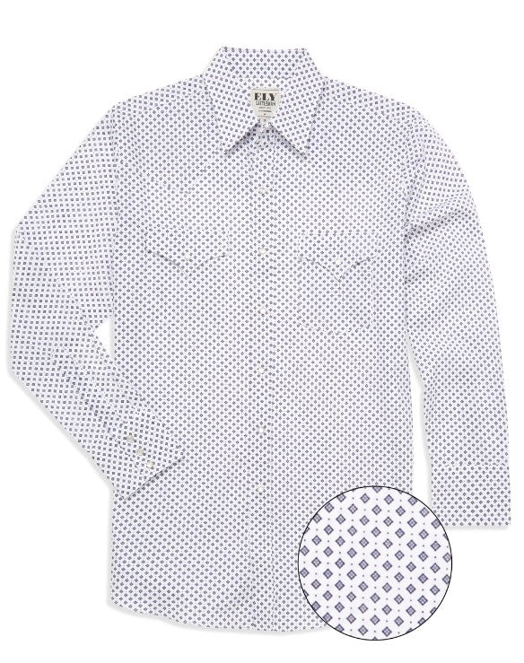 Men's Ely Cattleman Long Sleeve Geo Print Western Snap Shirt- White E3F2027087-WH-M