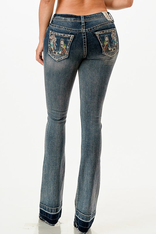 Grace Jeans Western Horseshoe Colourful Embroidered Mid Rise Bootcut Jeans EB61852